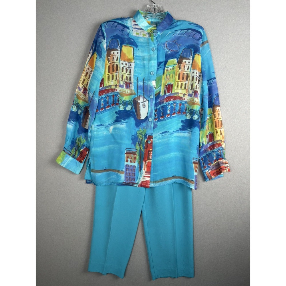 Vintage Sea Suns Women's 3pc Suit Sm Aqua Novelty Art To Wear Landscape USA 2789